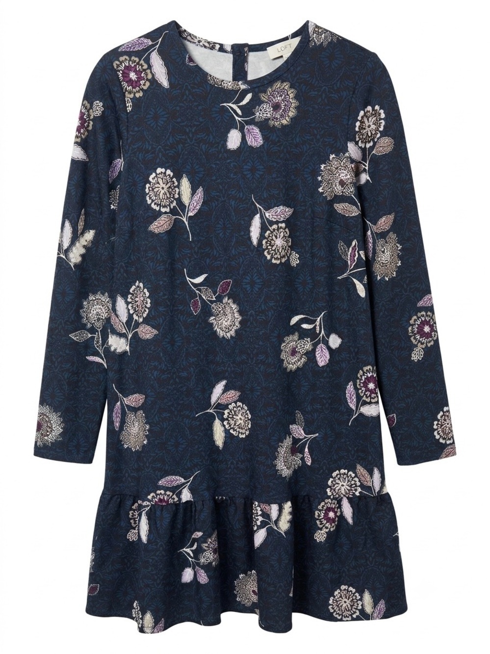 LOFT Blue Floral Long Sleeve Drop Waist Flounce Hem Dress Size M Office Preppy